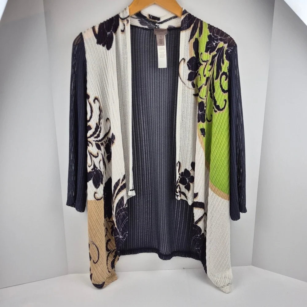 Chicos Easywear Open Front Waterfall Cardigan Women Sz 1 Floral Print Resortwear